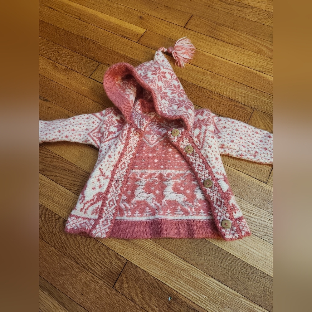 Norwegian 100% wool Pink Fair Isle Hooded Cardigan, Pink and White